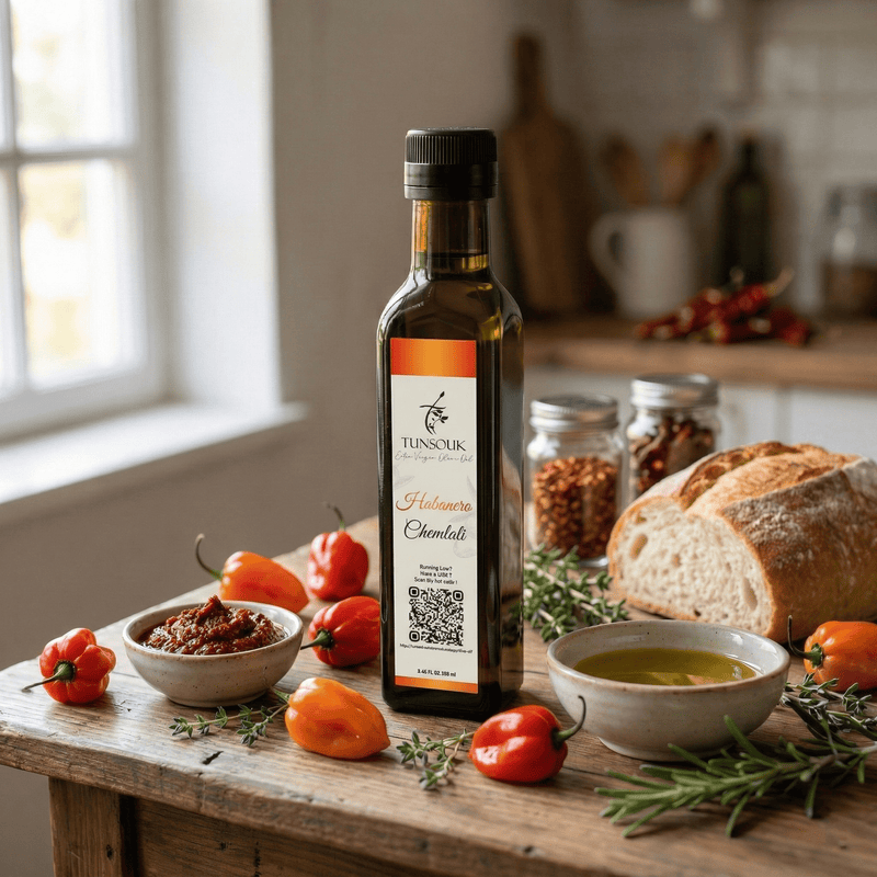 Habanero Infused Chemlali Olive Oil (250ml) - Tunsouk | Premium Olive Oil 🫒 & Olivewood