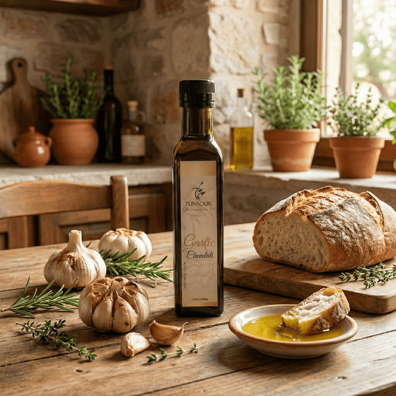 Roasted Garlic Infused Chemlali Olive Oil (250ml) - Tunsouk | Premium Olive Oil 🫒 & Olivewood