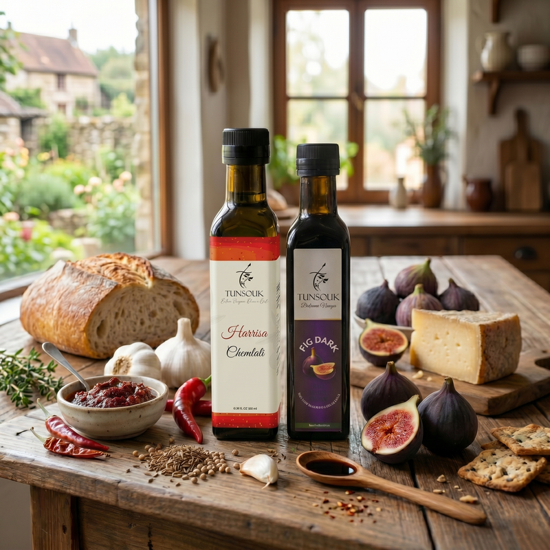 The North African Oasis Combo : Harissa Olive Oil + Fig Balsamic - Tunsouk | Premium Olive Oil 🫒 & Olivewood