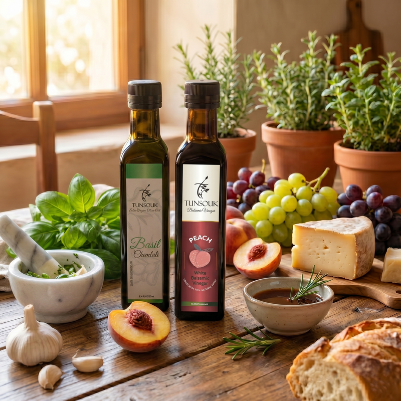 The Summer Orchard Combo : Basil Olive Oil + Peach Balsamic - Tunsouk | Premium Olive Oil 🫒 & Olivewood