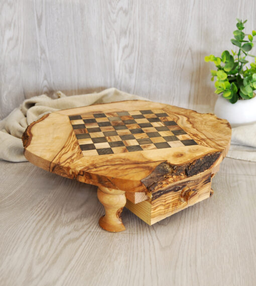 Square olive wood chessboard with storage space