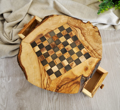 Natural wood chessboard with rustic finish