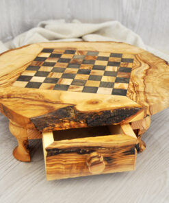 Rustic olive wood chessboard with storage drawer