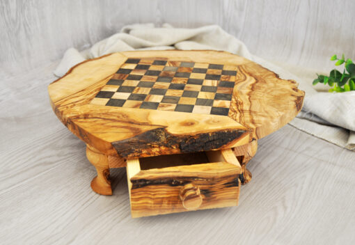 Rustic olive wood chessboard with storage drawer