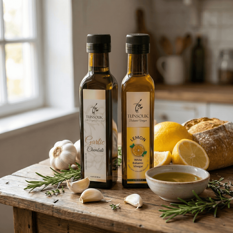 Aromatic Combo : Garlic Olive Oil +Lemon Balsamic - Tunsouk | Premium Olive Oil 🫒 & Olivewood