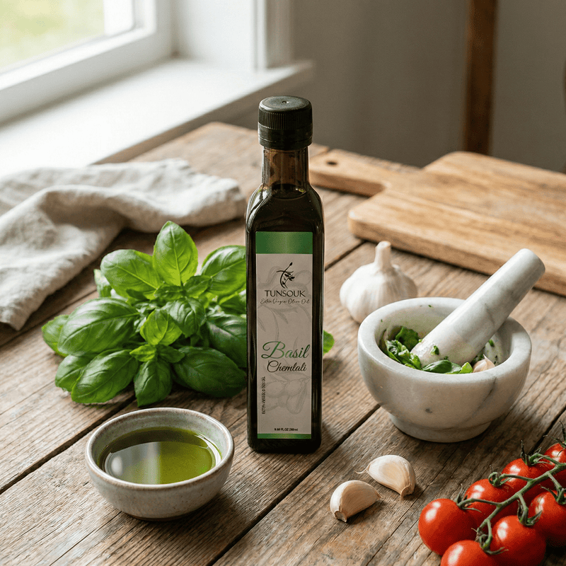 Basil Infused Chemlali Olive Oil (250ml) - Tunsouk | Premium Olive Oil 🫒 & Olivewood