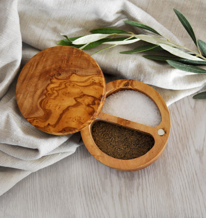 Custom Olive Wood Salt Cellar with Lid - Artisan Salt & Pepper Holder with Dual Sections | Perfect gift for cooks | - Tunsouk | Premium Olive Oil 🫒 & Olivewood
