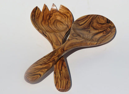 Handcrafted Olive Wood Serving Utensils: Rustic Spoon & Pasta Fork Set - Tunsouk | Premium Olive Oil 🫒 & Olivewood