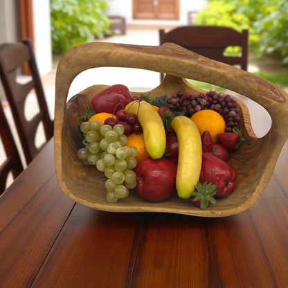 Handcrafted Rustic Olive Wood Fruit Basket with Handle - Tunsouk | Premium Olive Oil 🫒 & Olivewood