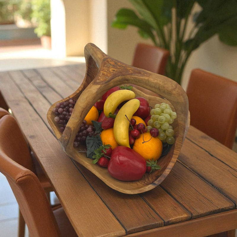 Handcrafted Rustic Olive Wood Fruit Basket with Handle - Tunsouk | Premium Olive Oil 🫒 & Olivewood