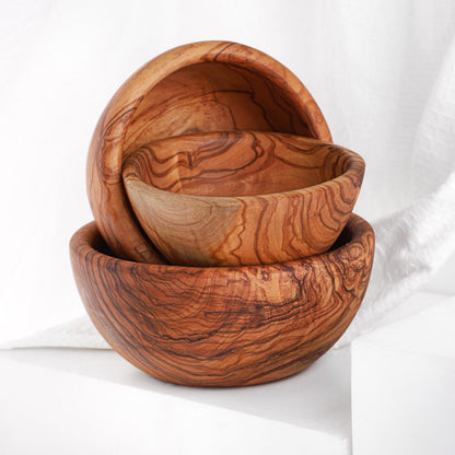 Handmade Olive Wood Bowls Set of 3 Serving Bowls Wooden Bowls + Wood Beewax - Tunsouk | Premium Olive Oil 🫒 & Olivewood