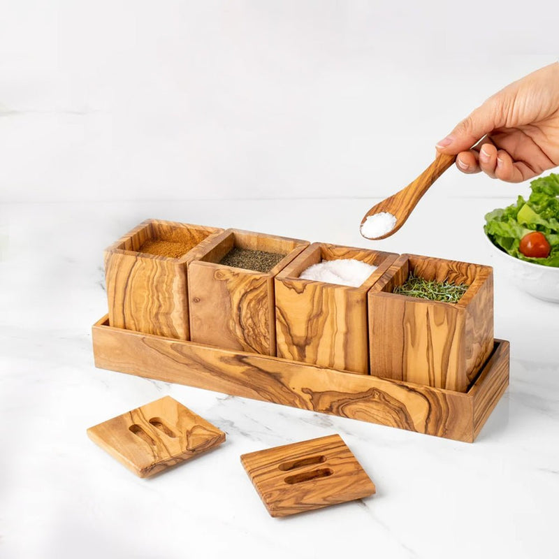 Handmade Olive Wood Spice Box Set of 4 - Tunsouk | Premium Olive Oil 🫒 & Olivewood