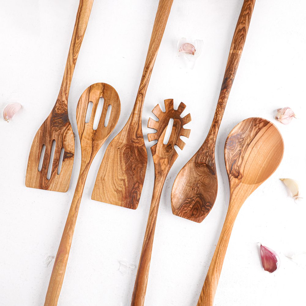 Handmade Olive Wood Utensil Set with Holder – 6 Pieces - Tunsouk | Premium Olive Oil 🫒 & Olivewood