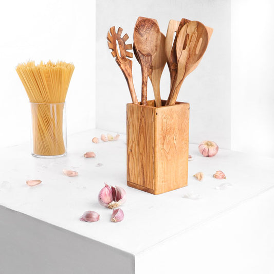 Handmade Olive Wood Utensil Set with Holder – 6 Pieces - Tunsouk | Premium Olive Oil 🫒 & Olivewood