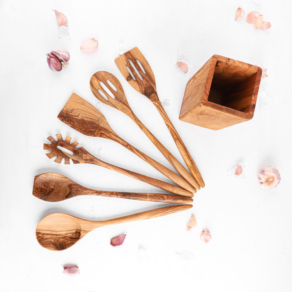 Handmade Olive Wood Utensil Set with Holder – 6 Pieces - Tunsouk | Premium Olive Oil 🫒 & Olivewood
