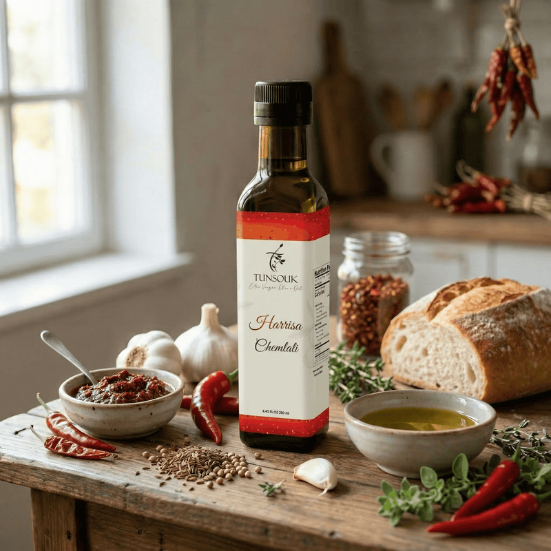 Harissa Infused Chemlali Olive Oil (250ml) - Tunsouk | Premium Olive Oil 🫒 & Olivewood
