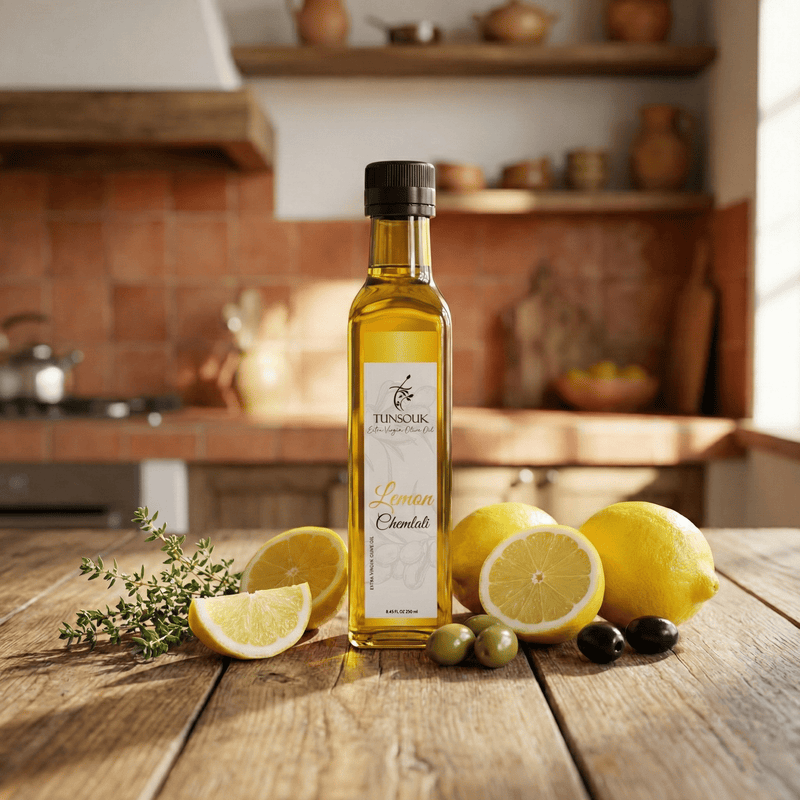 Lemon Infused Chemlali Olive Oil (250ml) - Tunsouk | Premium Olive Oil 🫒 & Olivewood