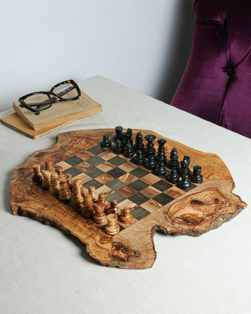 Minimalist CHESS SET WITHOUT FOOTHOLD IRREGULAR RUSTIC | FREE PERSONALIZATION - Tunsouk | Premium Olive Oil 🫒 & Olivewood