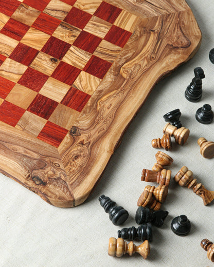Minimalist CHESS SET WITHOUT FOOTHOLD IRREGULAR RUSTIC | FREE PERSONALIZATION - Tunsouk | Premium Olive Oil 🫒 & Olivewood