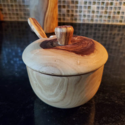 Olive Wood Sugar Pot With Coffee Spoon / Spice Container / Kitchen Storage / Coffee Keeper - Tunsouk | Premium Olive Oil 🫒 & Olivewood