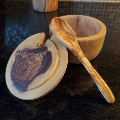 Olive Wood Sugar Pot With Coffee Spoon / Spice Container / Kitchen Storage / Coffee Keeper - Tunsouk | Premium Olive Oil 🫒 & Olivewood