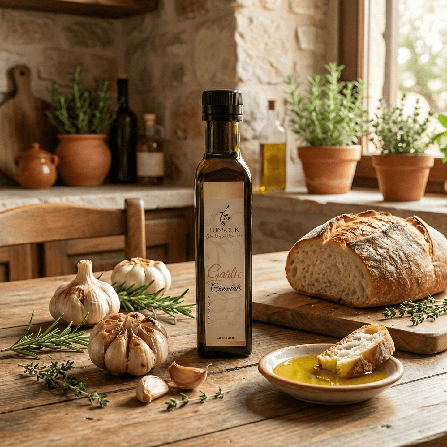 Roasted Garlic Infused Chemlali Olive Oil (250ml) - Tunsouk | Premium Olive Oil 🫒 & Olivewood