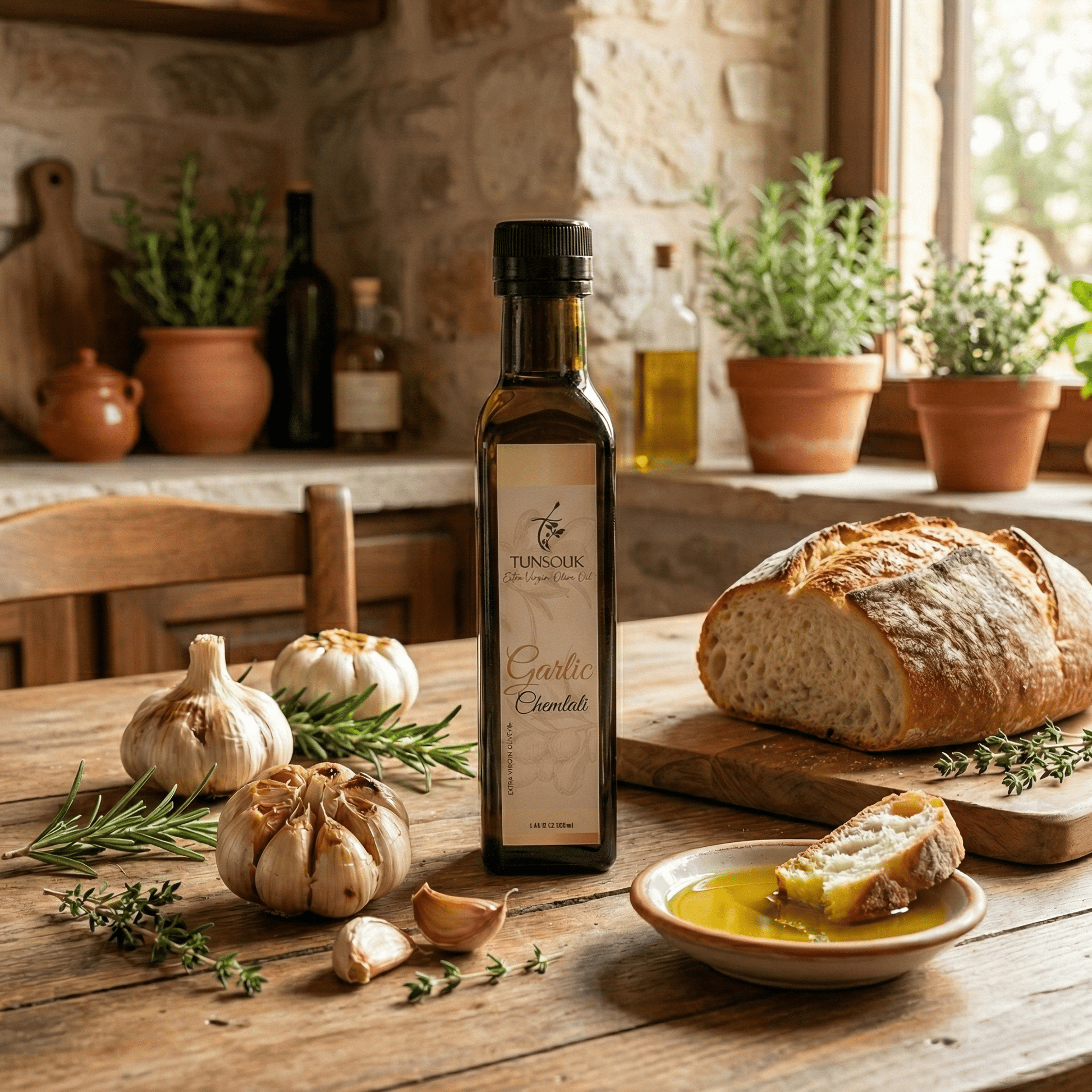 Roasted Garlic Infused Chemlali Olive Oil (250ml) - Tunsouk | Premium Olive Oil 🫒 & Olivewood