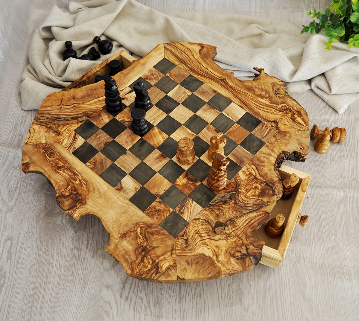 Rustic Olive Wood Chess Set with Drawer | Free Personalization - Tunsouk | Premium Olive Oil 🫒 & Olivewood