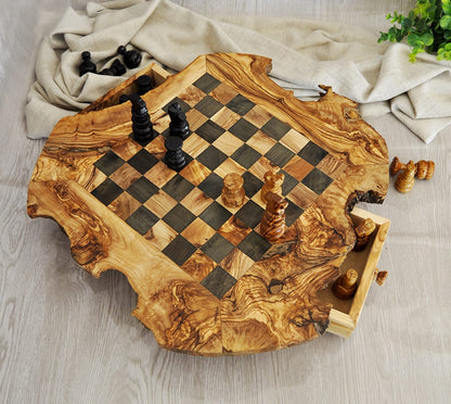 Rustic Olive Wood Chess Set with Drawer | Free Personalization - Tunsouk | Premium Olive Oil 🫒 & Olivewood