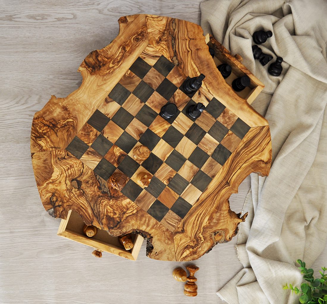 Rustic Olive Wood Chess Set with Drawer | Free Personalization - Tunsouk | Premium Olive Oil 🫒 & Olivewood
