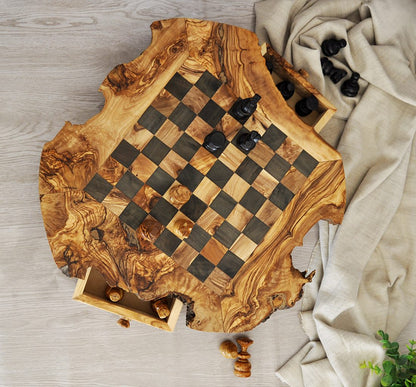 Rustic Olive Wood Chess Set with Drawer | Free Personalization - Tunsouk | Premium Olive Oil 🫒 & Olivewood