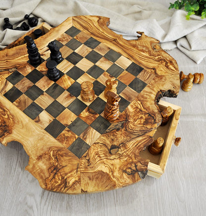 Rustic Olive Wood Chess Set with Drawer | Free Personalization - Tunsouk | Premium Olive Oil 🫒 & Olivewood