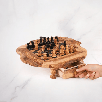Rustic Olive Wood Chess Set with Drawer | Free Personalization - Tunsouk | Premium Olive Oil 🫒 & Olivewood