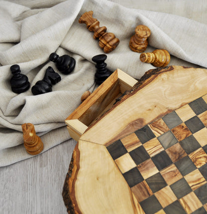 Rustic Olive Wood Chess Set with Drawer | Free Personalization - Tunsouk | Premium Olive Oil 🫒 & Olivewood
