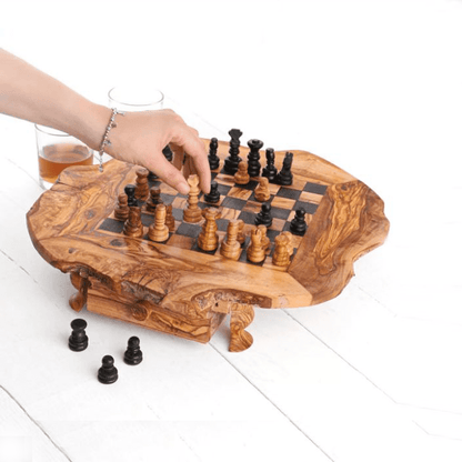 Rustic Olive Wood Chess Set with Drawer | Free Personalization - Tunsouk | Premium Olive Oil 🫒 & Olivewood