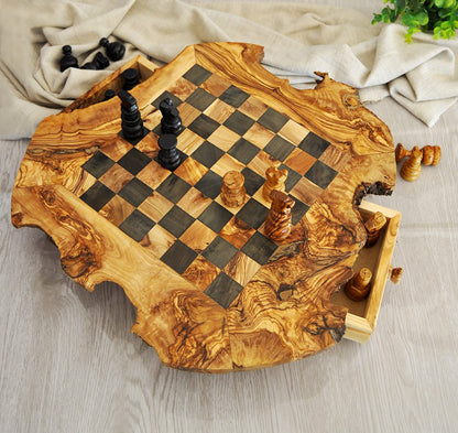 Rustic Olive Wood Chess Set with Drawer | Free Personalization - Tunsouk | Premium Olive Oil 🫒 & Olivewood