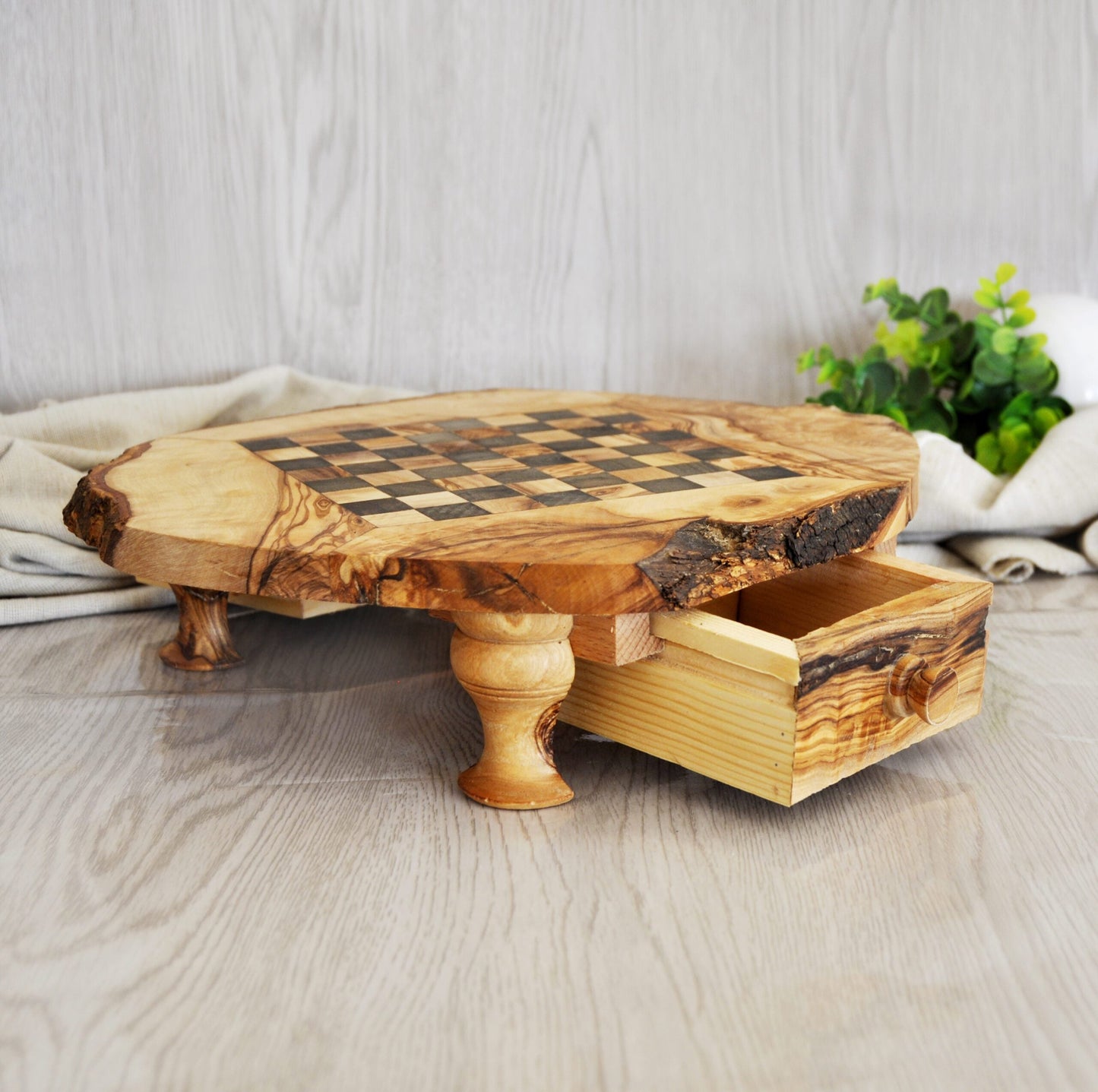 Rustic Olive Wood Chess Set with Drawer | Free Personalization - Tunsouk | Premium Olive Oil 🫒 & Olivewood