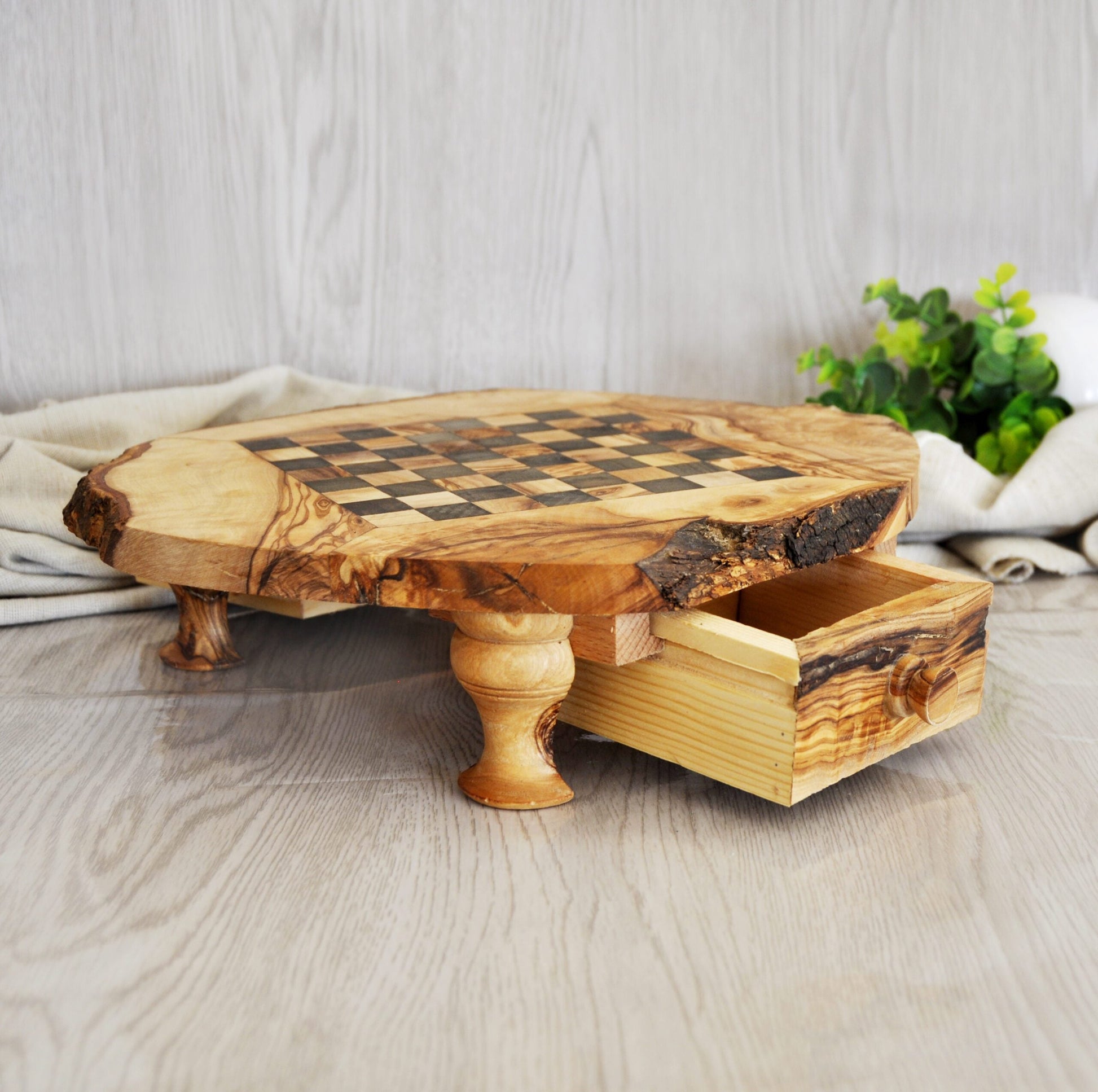 Rustic Olive Wood Chess Set with Drawer | Free Personalization - Tunsouk | Premium Olive Oil 🫒 & Olivewood