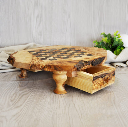 Rustic Olive Wood Chess Set with Drawer | Free Personalization - Tunsouk | Premium Olive Oil 🫒 & Olivewood
