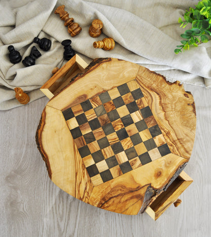 Rustic Olive Wood Chess Set with Drawer | Free Personalization - Tunsouk | Premium Olive Oil 🫒 & Olivewood