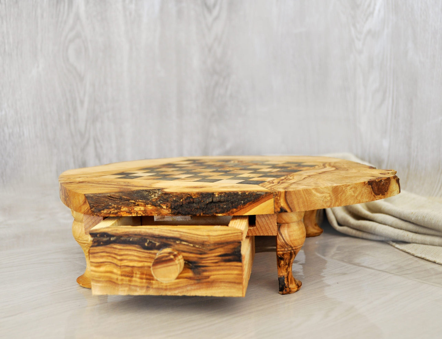 Rustic Olive Wood Chess Set with Drawer | Free Personalization - Tunsouk | Premium Olive Oil 🫒 & Olivewood
