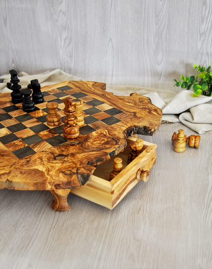 Rustic Olive Wood Chess Set with Drawer | Free Personalization - Tunsouk | Premium Olive Oil 🫒 & Olivewood