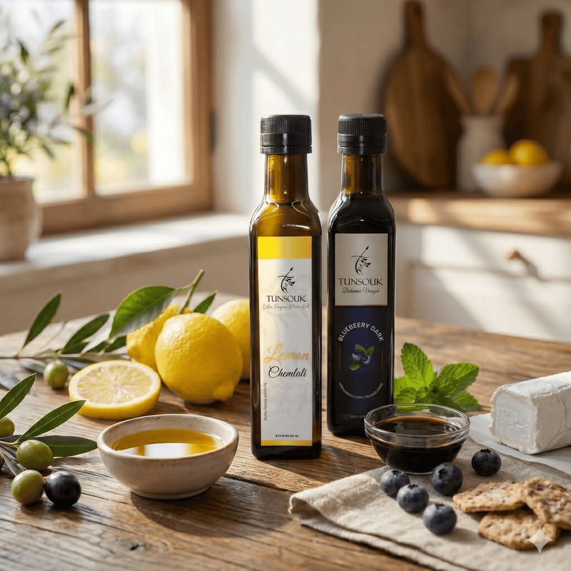 The Bright Berry Orchard Combo : Lemon Olive Oil + Blueberry Balsamic - Tunsouk | Premium Olive Oil 🫒 & Olivewood