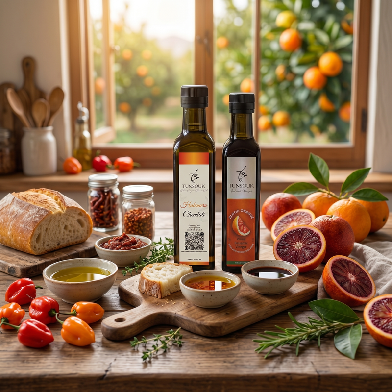 The Citrus Fire Combo : Habanero Olive Oil + Blood Orange Balsamic - Tunsouk | Premium Olive Oil 🫒 & Olivewood