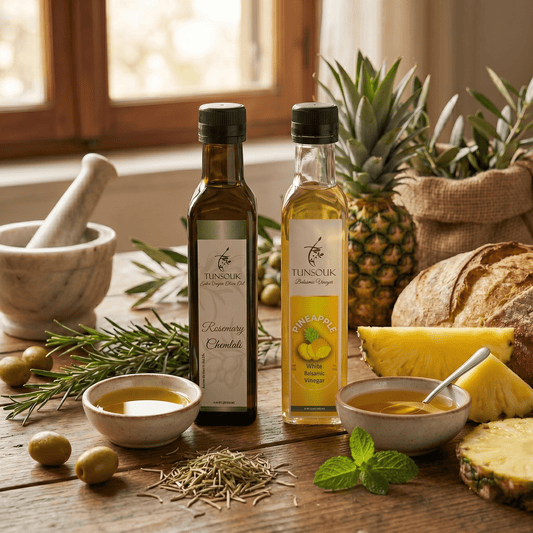 The Tropical Savory Combo : Rosemary Olive Oil + Pineapple Balsamic - Tunsouk | Premium Olive Oil 🫒 & Olivewood