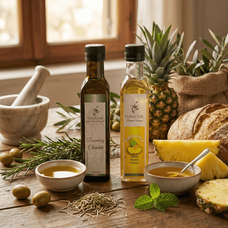 The Tropical Savory Combo : Rosemary Olive Oil + Pineapple Balsamic - Tunsouk | Premium Olive Oil 🫒 & Olivewood