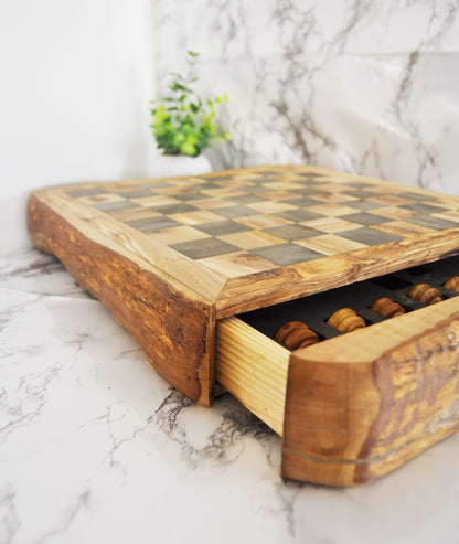 WOODEN CHESS WITH STORAGE RUSTIC - Tunsouk | Premium Olive Oil 🫒 & Olivewood