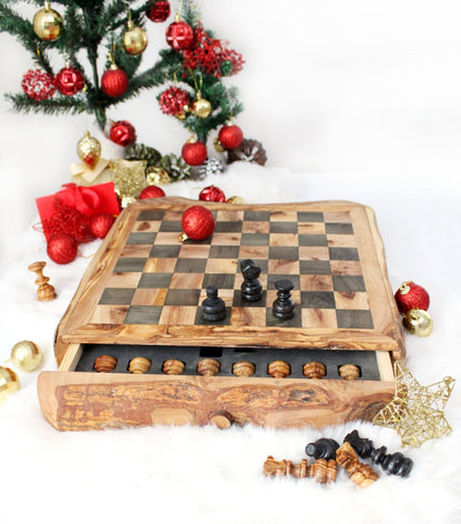WOODEN CHESS WITH STORAGE RUSTIC - Tunsouk | Premium Olive Oil 🫒 & Olivewood