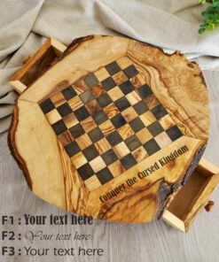 Handcrafted olive wood chessboard for Halloween-inspired game decor