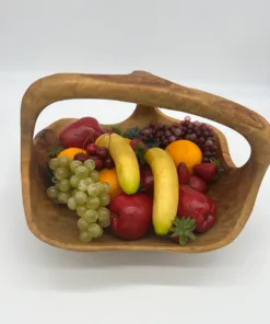Handcrafted Rustic Olive Wood Fruit Basket with Handle